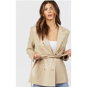 SHACI Beige Faux Leather‎ Double Breasted Belted Blazer Jacket Women Size L